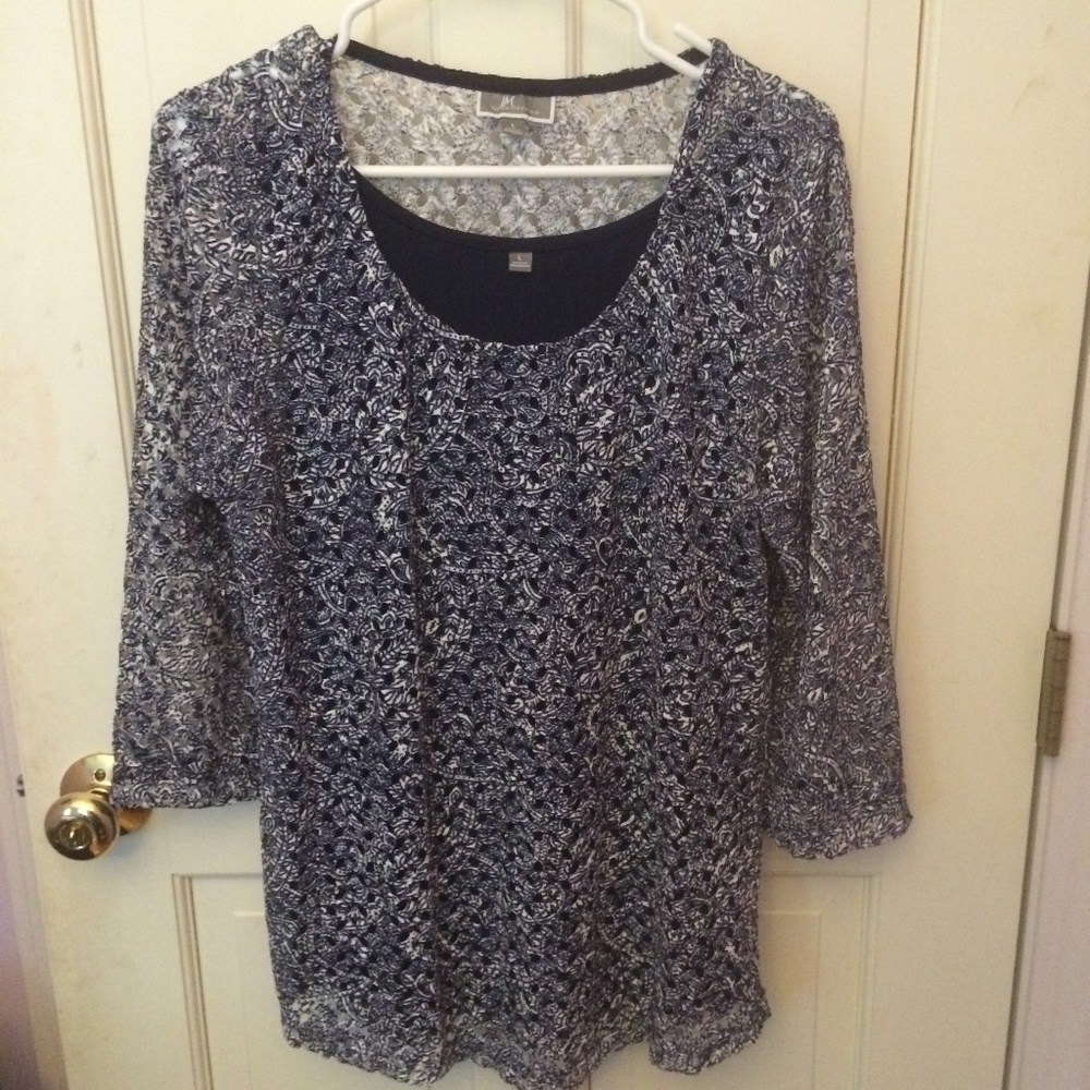 JM Collection  women's blouse Navy lacey. size L